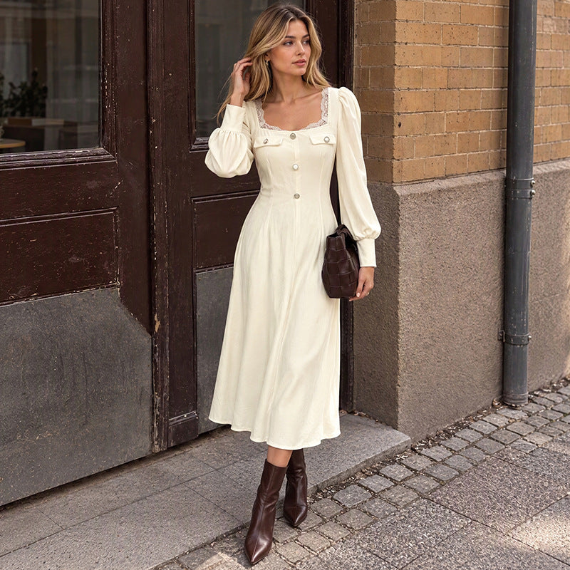 Velvet Square Neck Long Sleeve Lace Trim Midi Dress