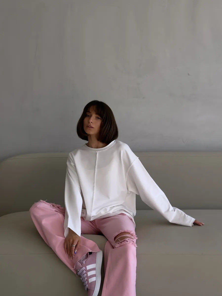 Casual Loose Fit Cotton Long Sleeve Distressed T Shirt Top