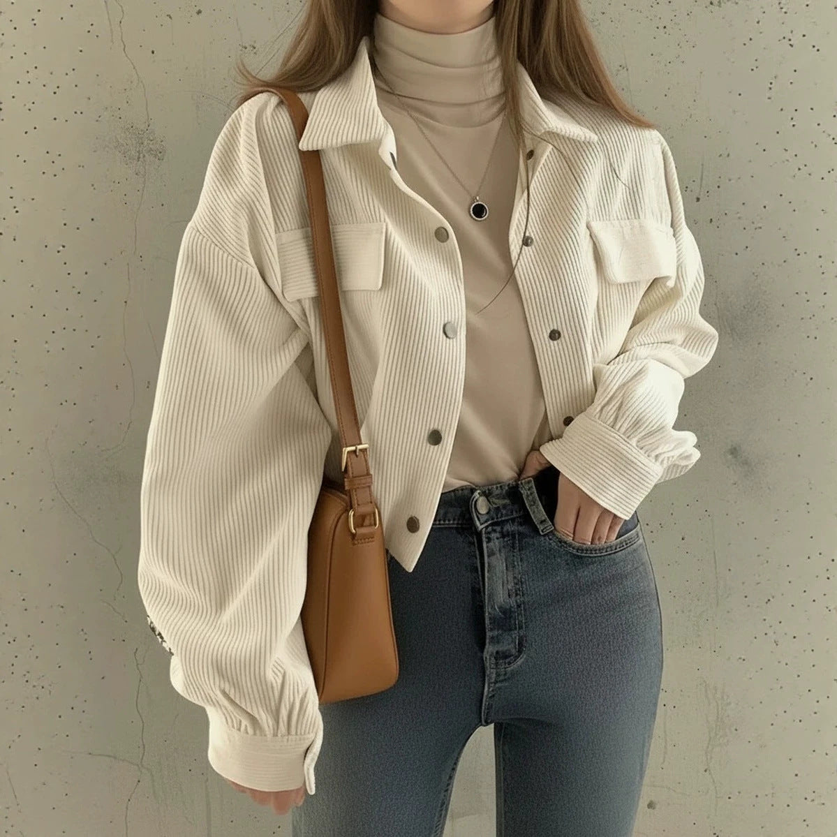 Cropped Corduroy Shacket Drawstring Hem