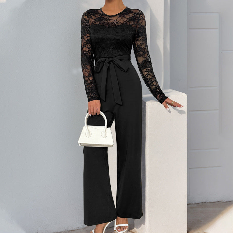 Elegant Lace Patchwork Jumpsuit with Belt Long Sleeve