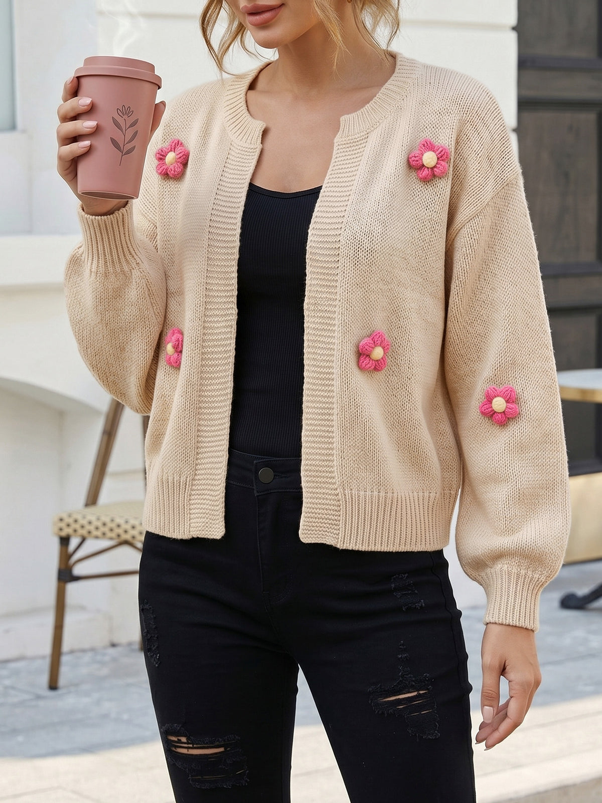 Women's Crochet Flower Cardigan Lantern Sleeve Knit Sweater