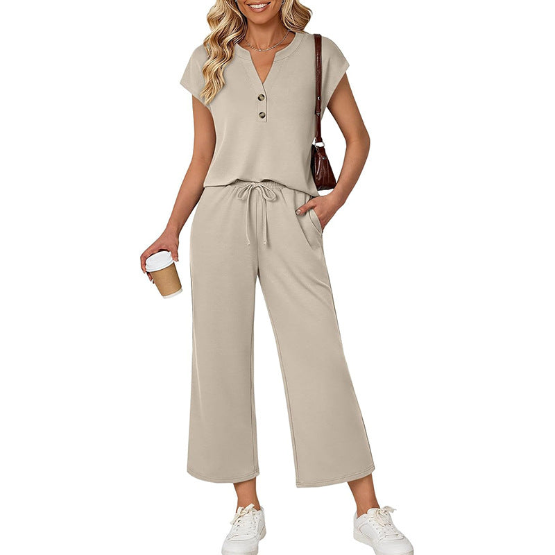 Women’s Button V-Neck Top Wide Leg Pants Set