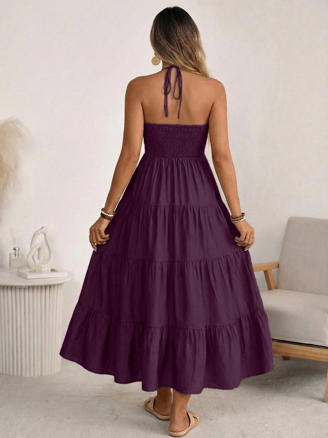 Women’s Halter V Neck Tiered Maxi Dress Backless