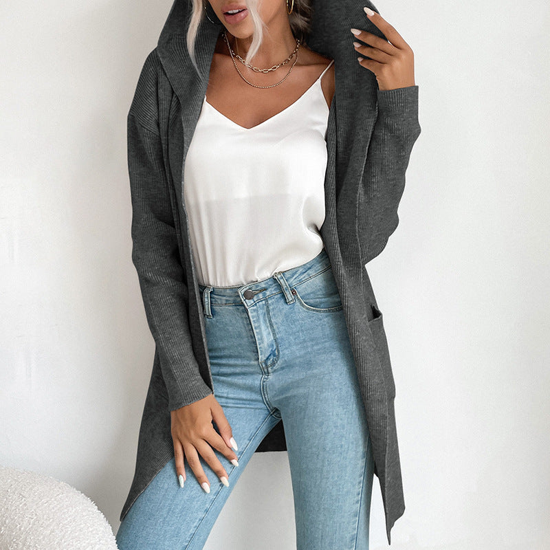 Hooded Knit Cardigan Long Sleeve Open Front Outerwear