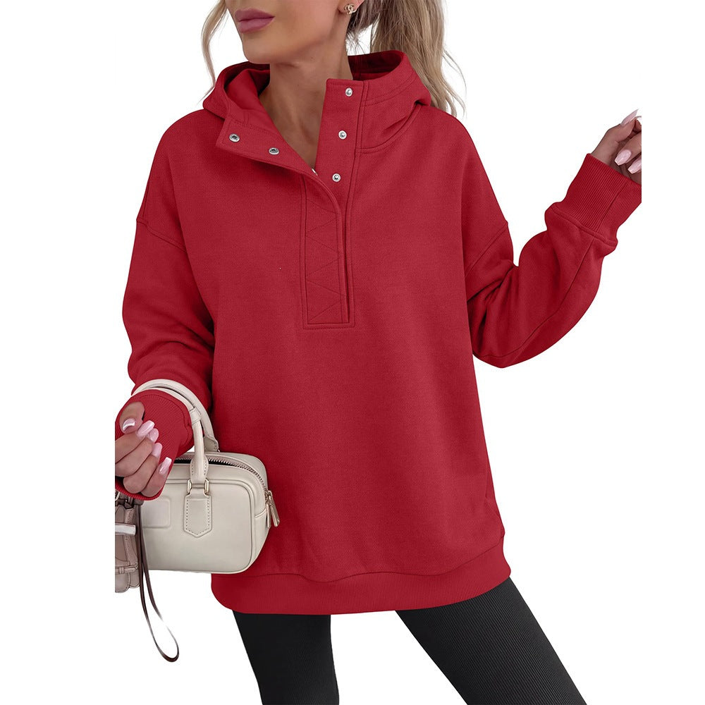 Solid Cotton Blend Hoodie Casual Oversized Snap Neck