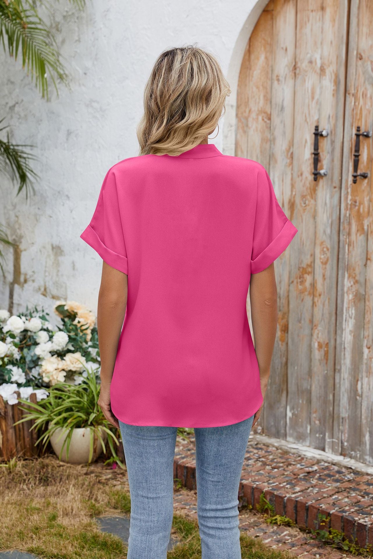 Elegant Solid Color V-Neck Short Sleeve Chiffon Blouse