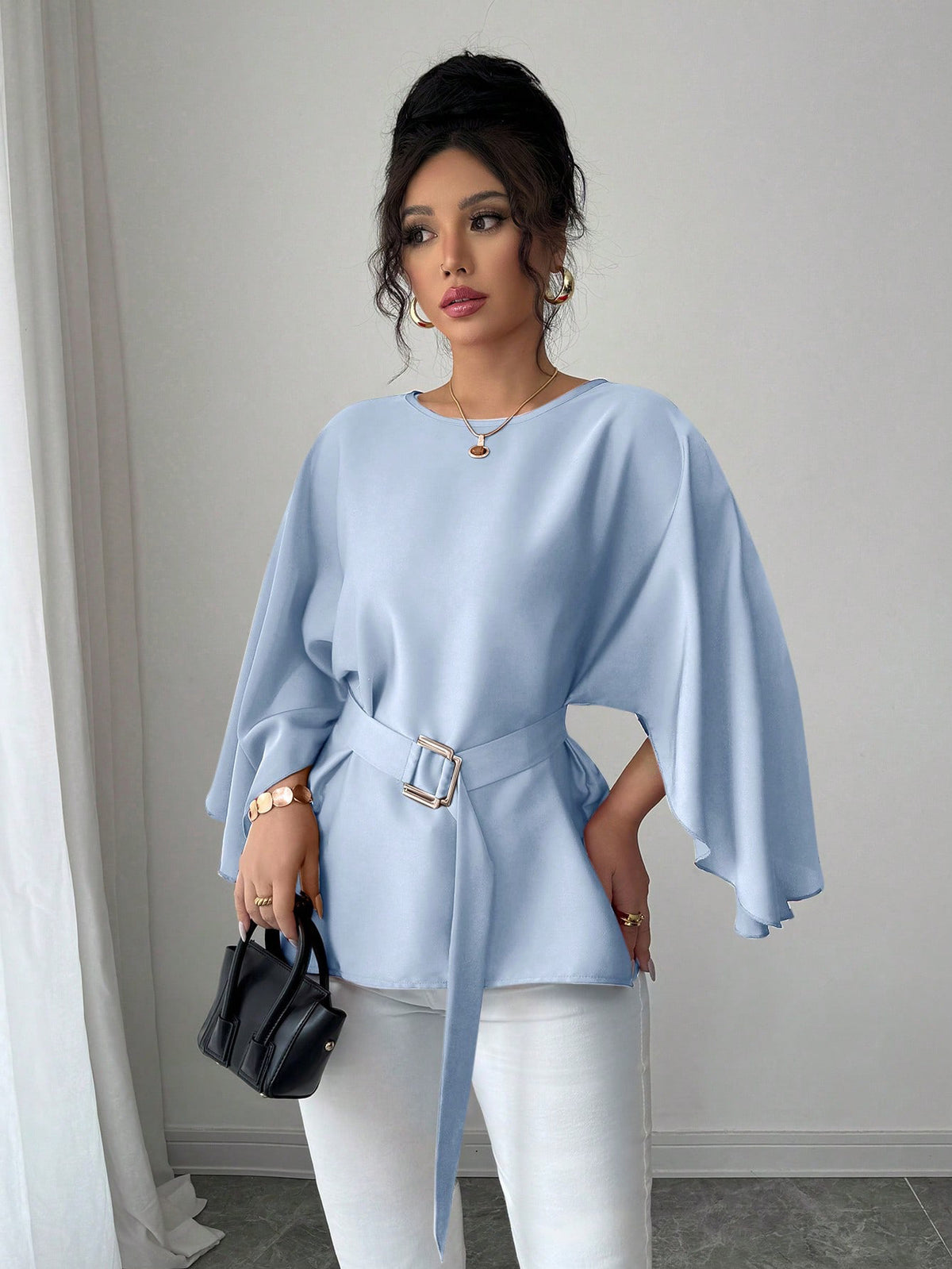 Women's French Vintage Bell Sleeve Belted Round Neck Blouse