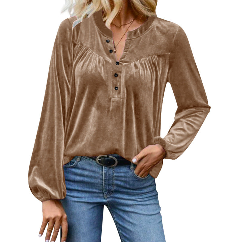 Velvet Henley Top Button Front Long Sleeve Relaxed Fit