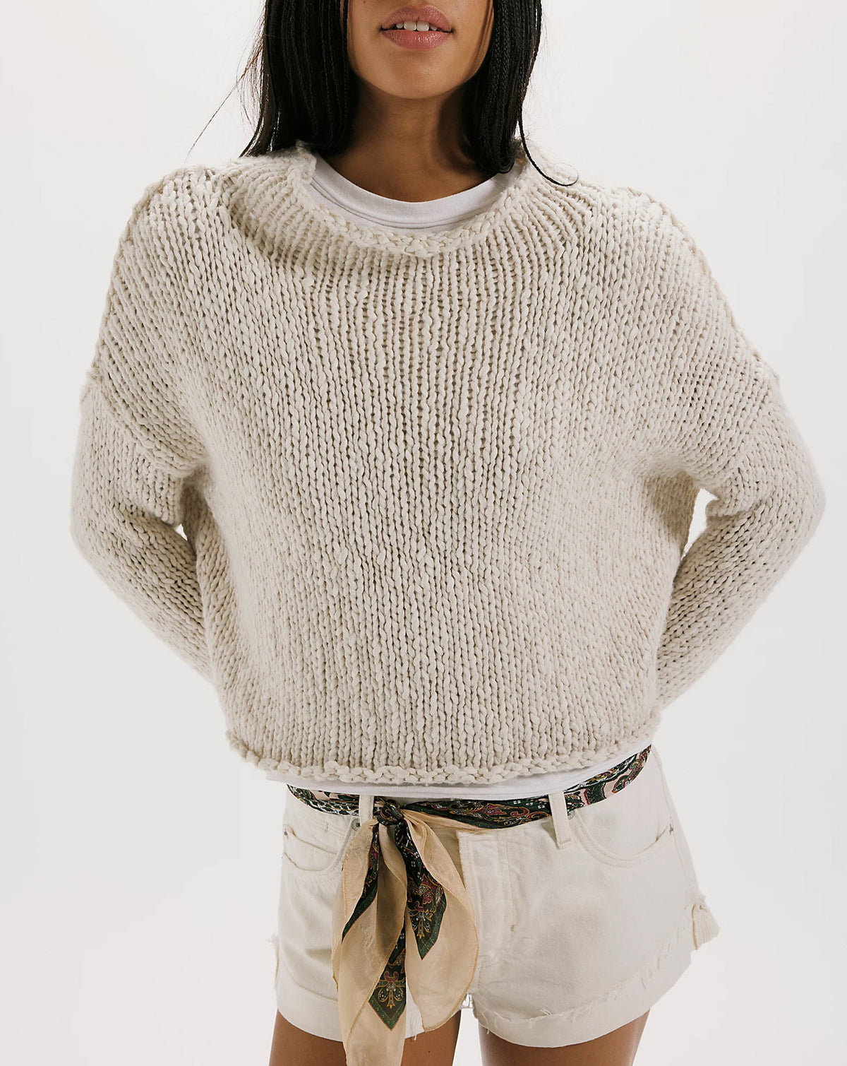 Women's Chunky Knit Cropped Crewneck Sweater