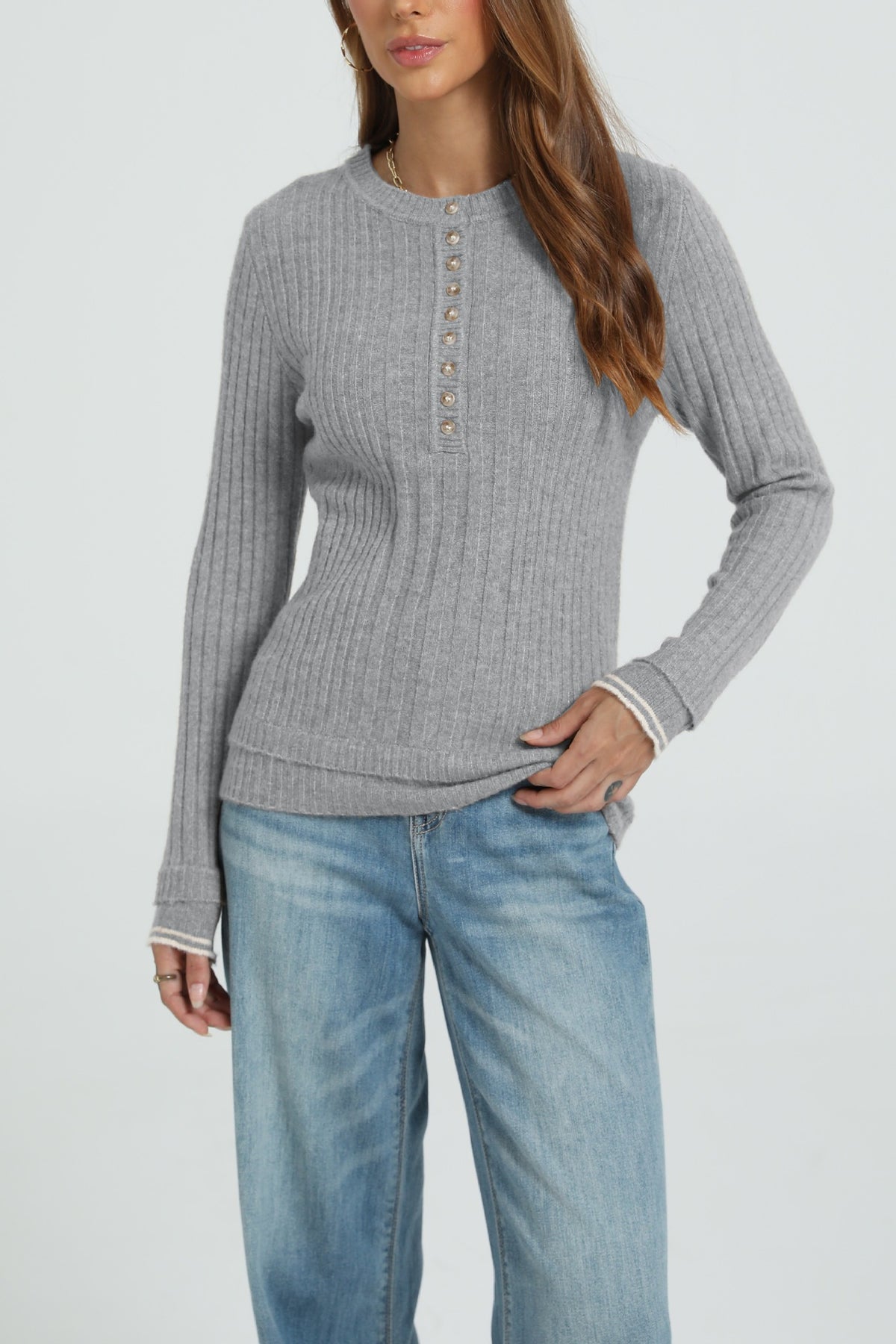 Women's Ribbed Henley Long Sleeve Fitted Sweater
