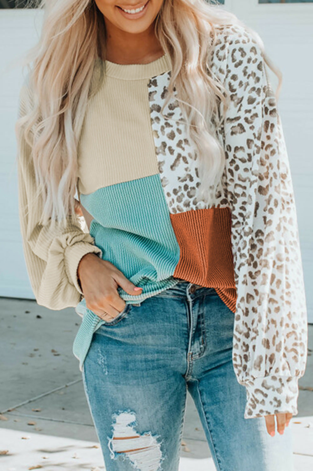 Women's Color Block Leopard Long Sleeve Knit Pullover