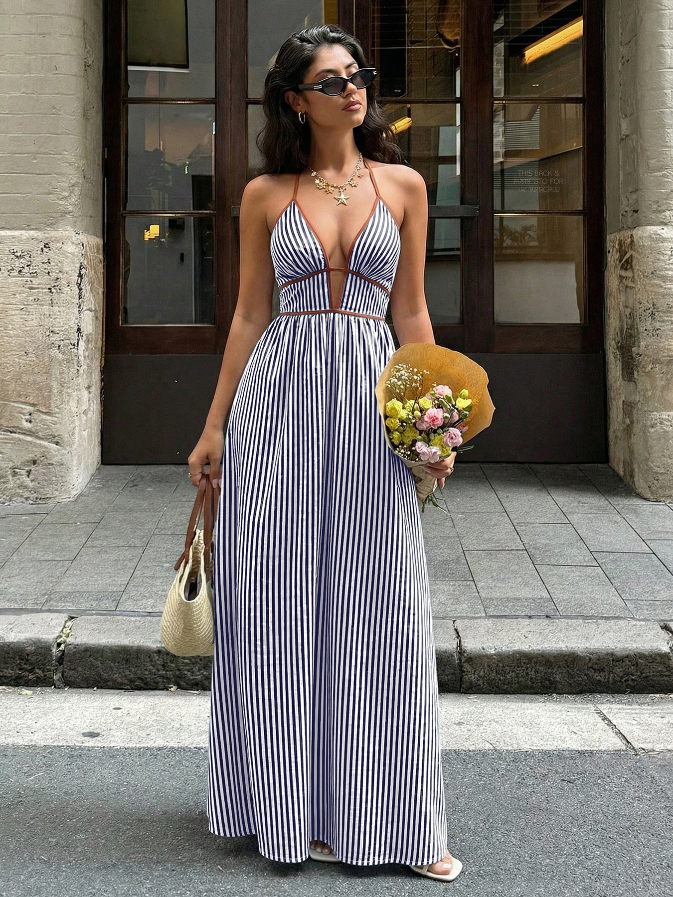 Striped Halter Backless Maxi Dress Vacation Summer