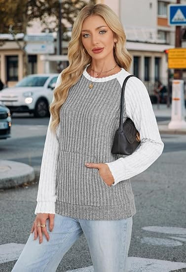 Ribbed Color Block Raglan Long Sleeve Pocket Tunic Top