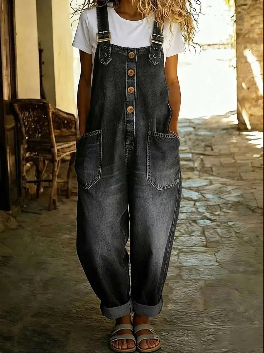 Washed Denim Overalls Adjustable Strap Relaxed Fit