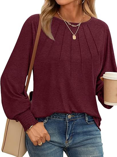 Women's Pleated Crew Neck Lantern Sleeve Oversized Pullover