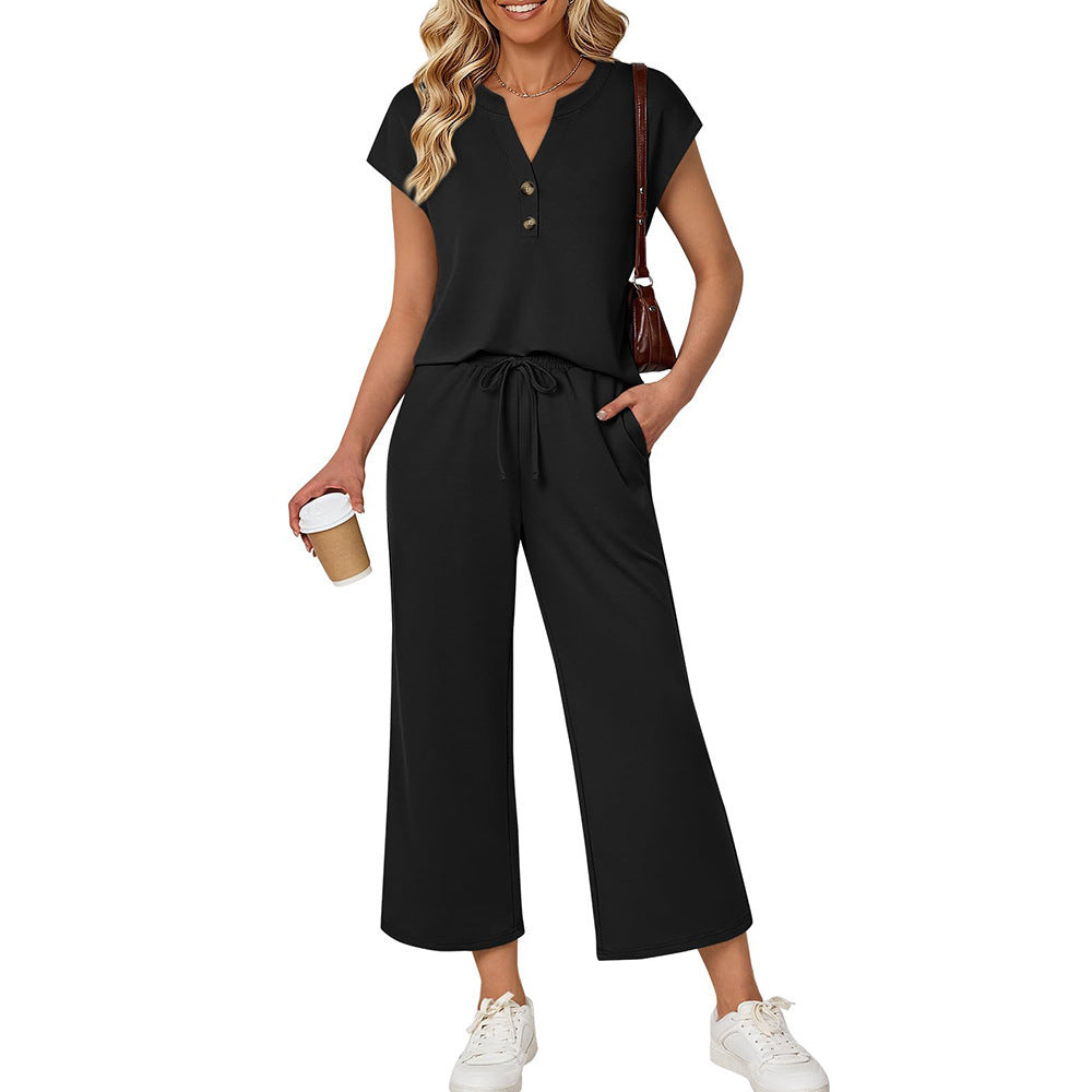 Women's Lounge Set 2 Piece Capri Pants Button Front Top