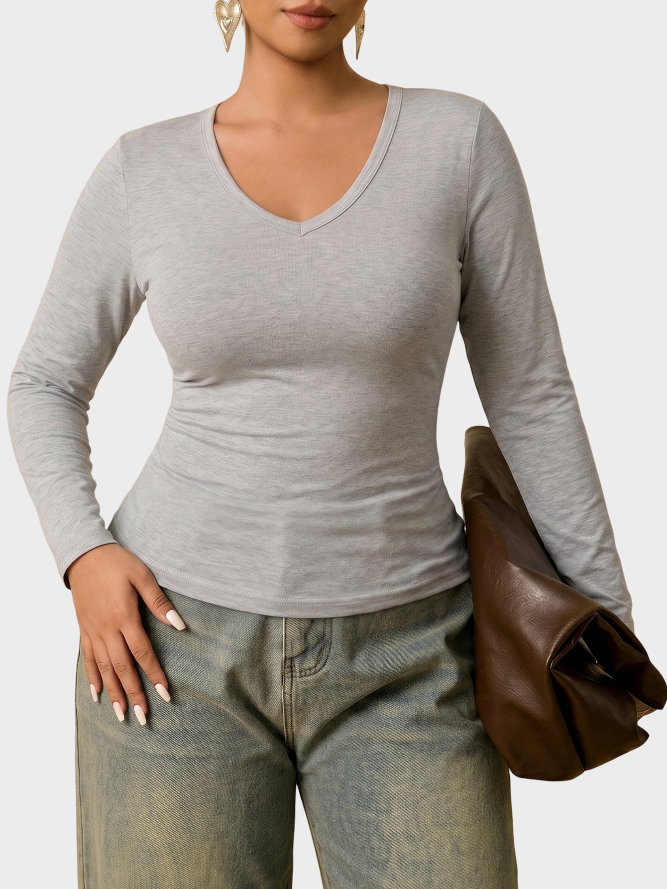 Solid Ribbed Long Sleeve Top V Neck Slim Fit Casual