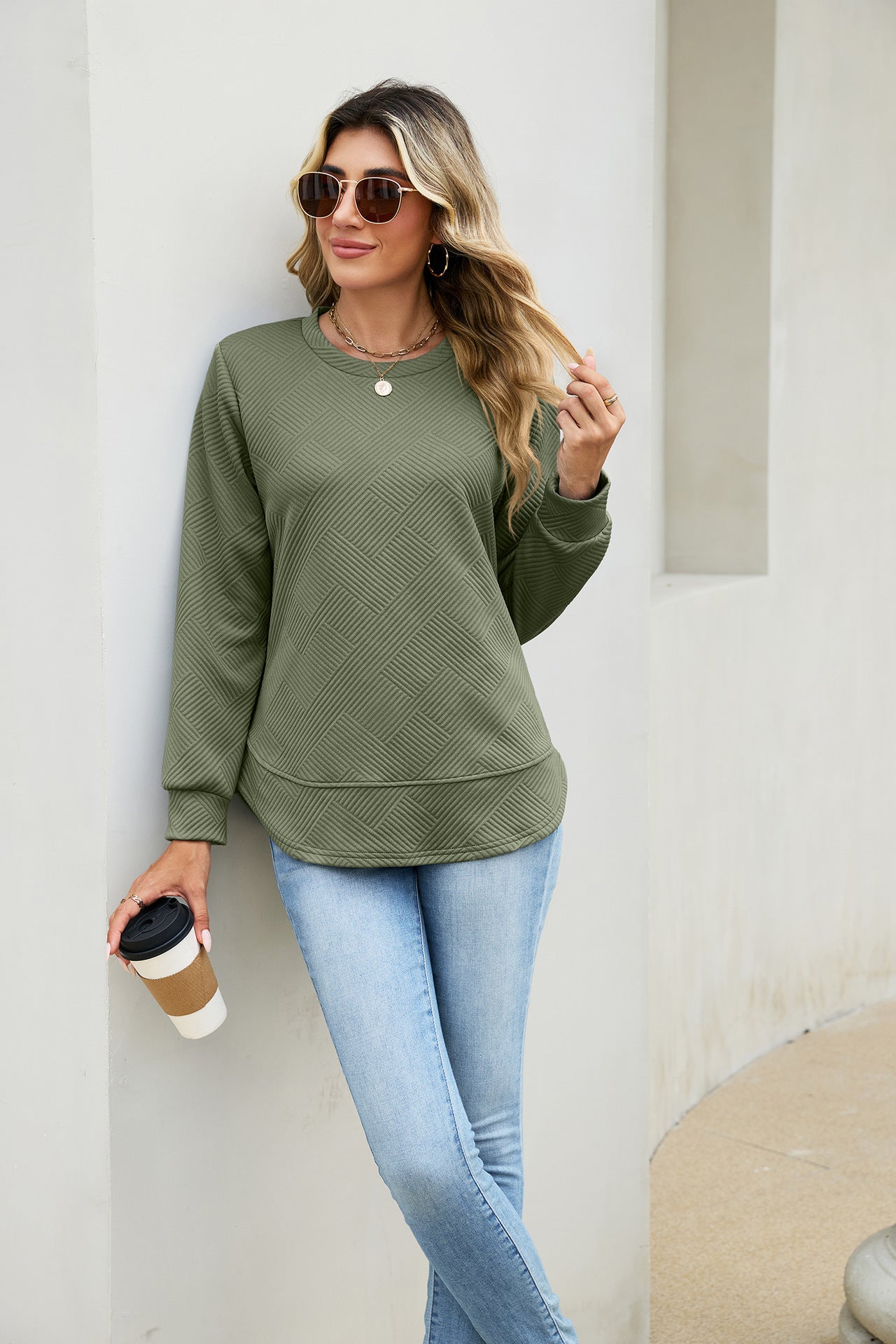 Solid Textured Cotton Sweatshirt Relaxed Long Sleeve Top