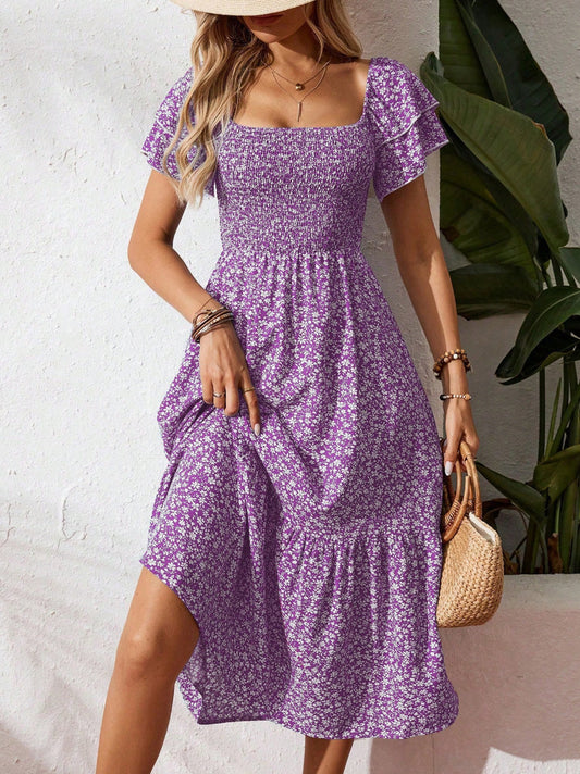 Floral Square Neck Smocked Short Sleeve Maxi Summer Dress