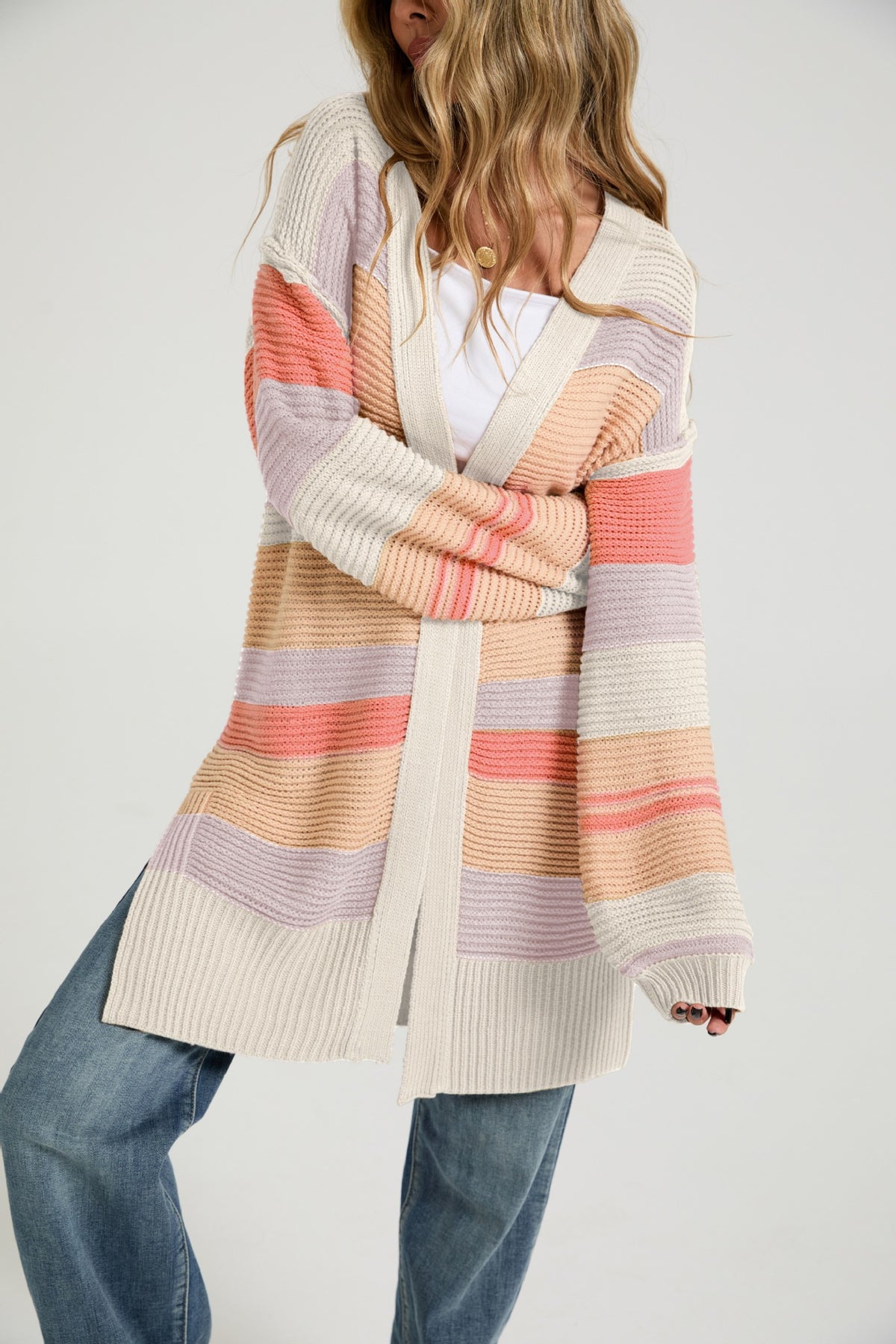 Striped Color Block Long Cardigan Open Front Knit Sweater