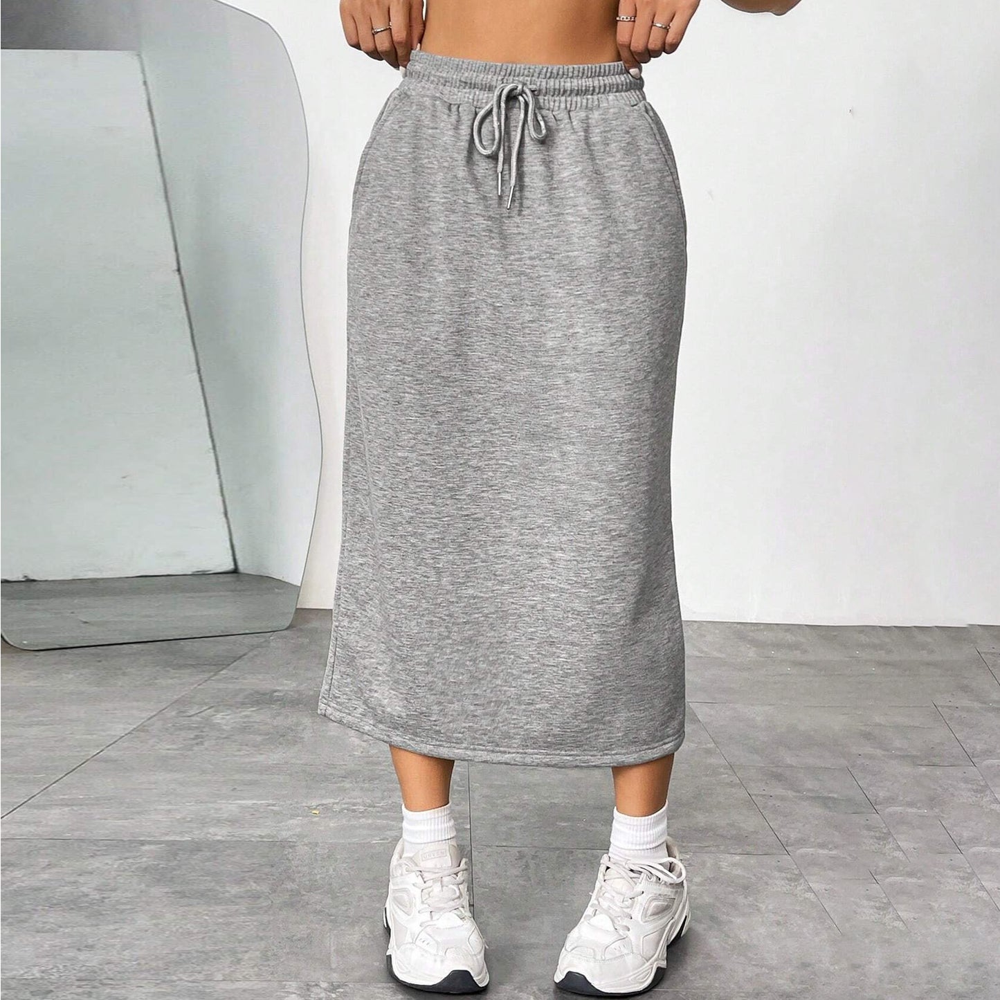 Solid Cotton Blend Skirt Casual Midi Drawstring Pocket
