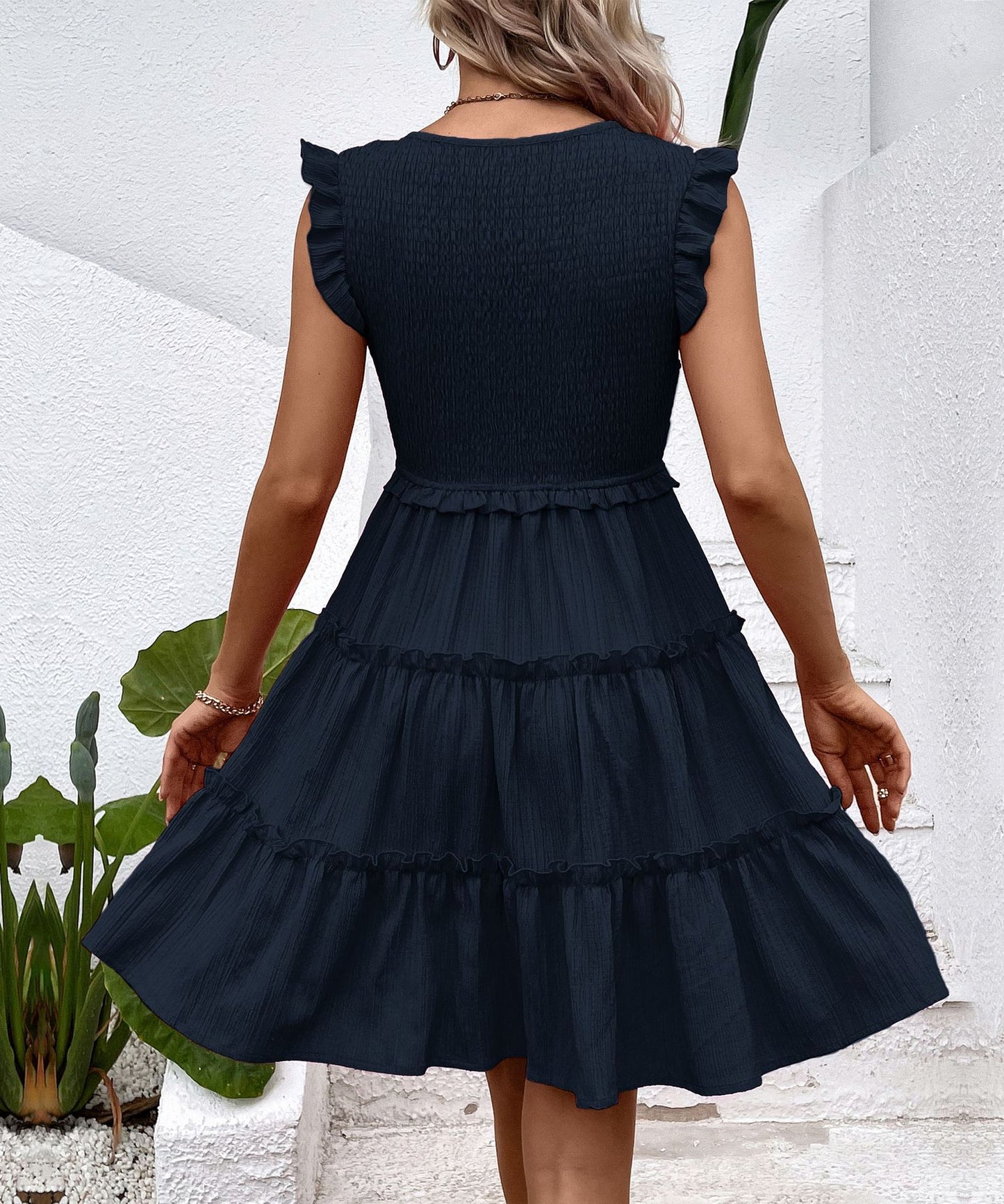 Casual Flowy  V Neck Ruffle Hem Sleeveless Dress Summer
