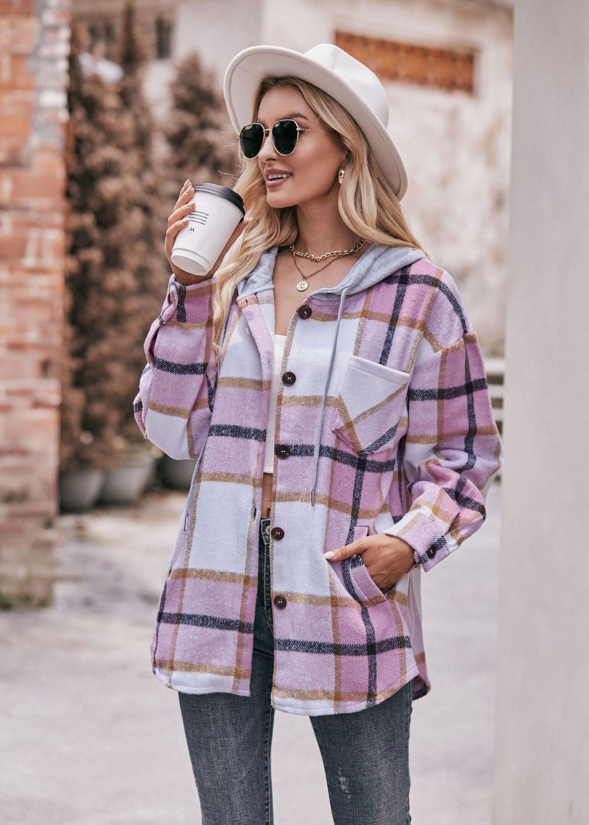 Women's Hooded Plaid Shacket Oversized Shirt Jacket