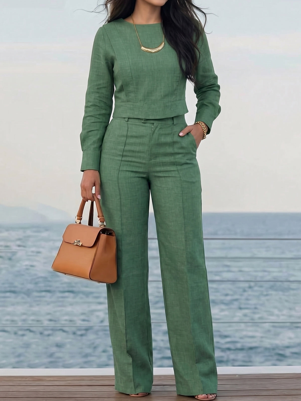 Women's Green 2 Piece Crop Top Wide Leg Pants Set