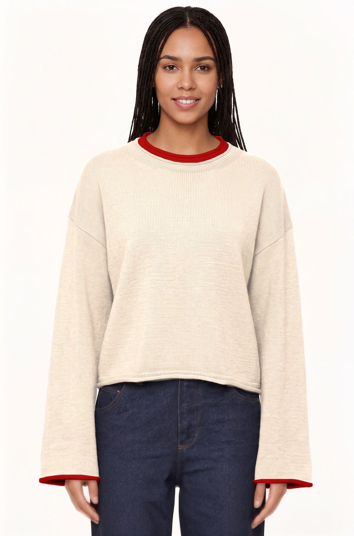 Women's Oversized Crewneck Contrast Trim Sweater