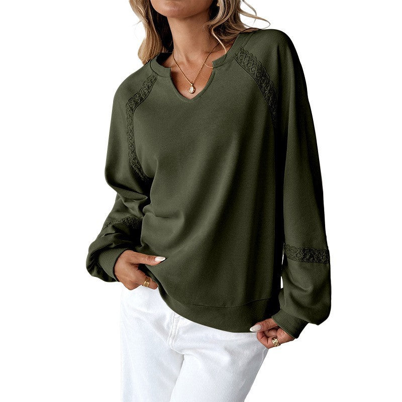 Lace Detail Oversized Sweatshirt Split Neck Long Sleeve Top