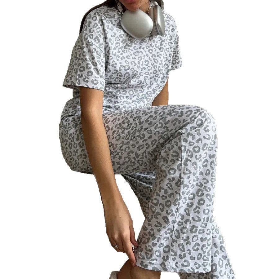 Leopard Print Pajama Set with Short Sleeve Top