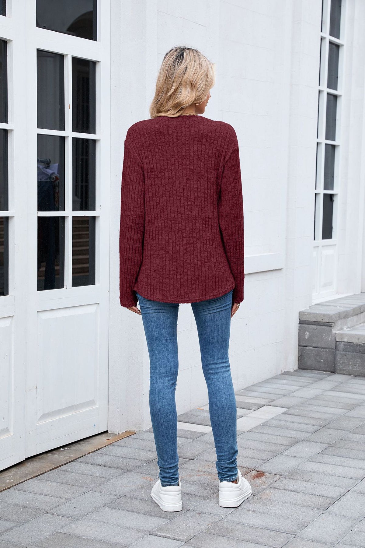 Women's Oversized V Neck Button Ribbed Long Sleeve Knit Top