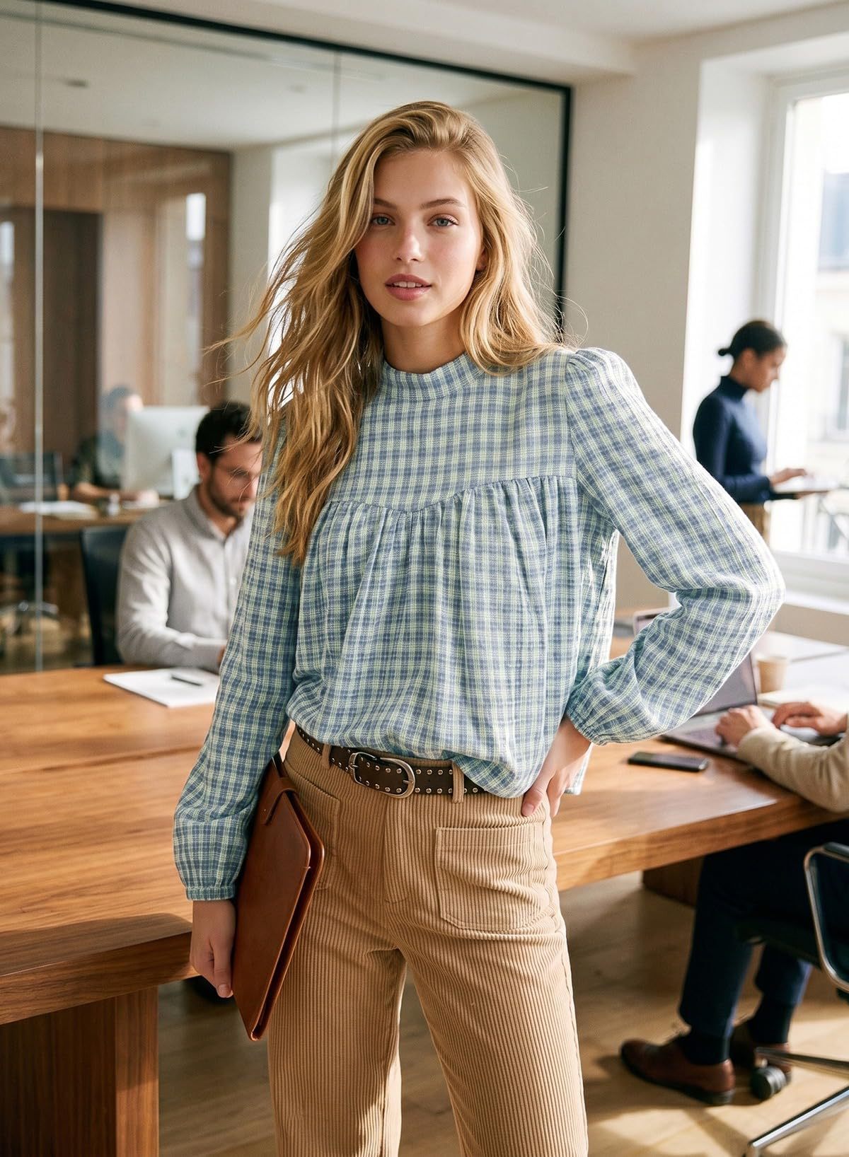 Plaid Mock Neck Babydoll Blouse Long Sleeve Top
