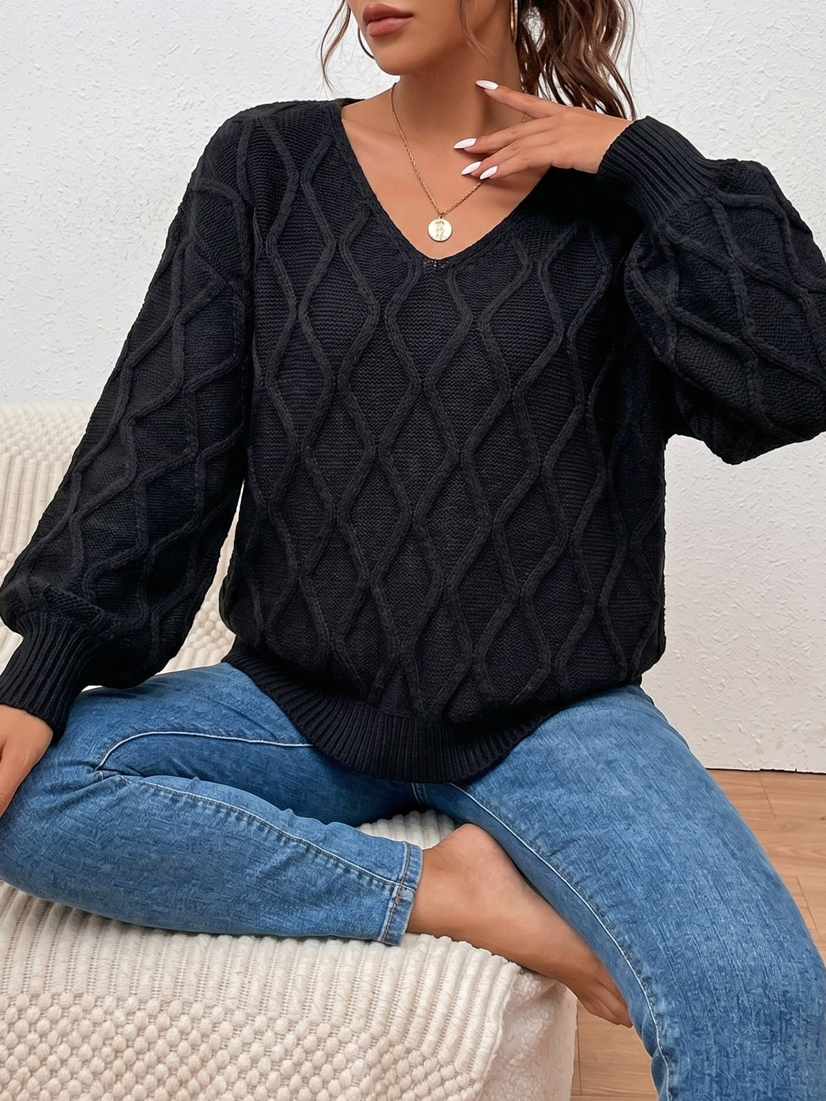 Oversized V Neck Cable Knit Pullover Sweater