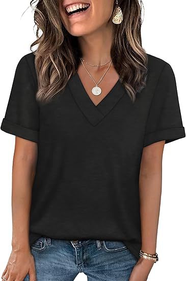 V Neck Basic Tee Short Sleeve Casual Loose Fit Top