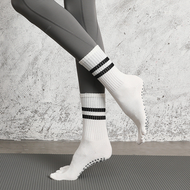 Women Mid Calf Pilates Toe Socks Non Slip Cotton Grip