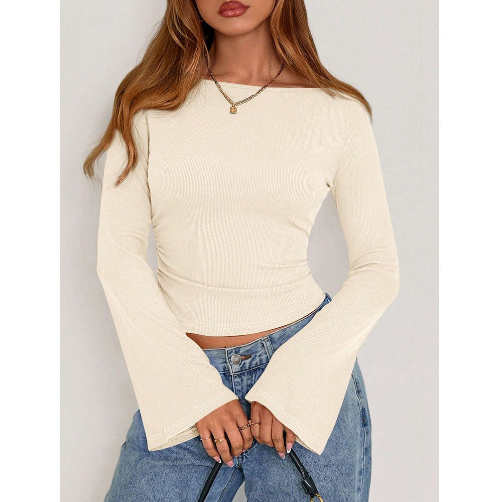 Solid Ribbed Top Trendy Boat Neck Bell Sleeve Slim Fit