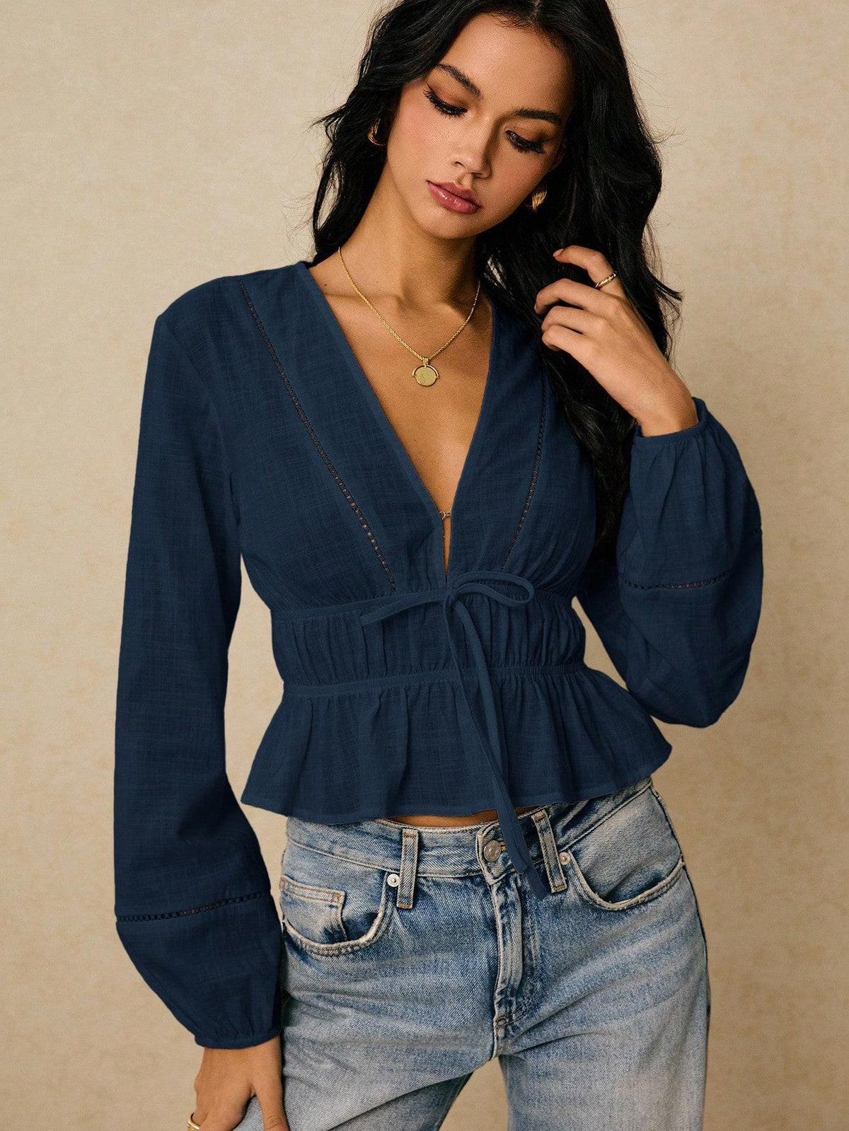 Women's Deep V Neck Eyelet Tie Front Peplum Blouse