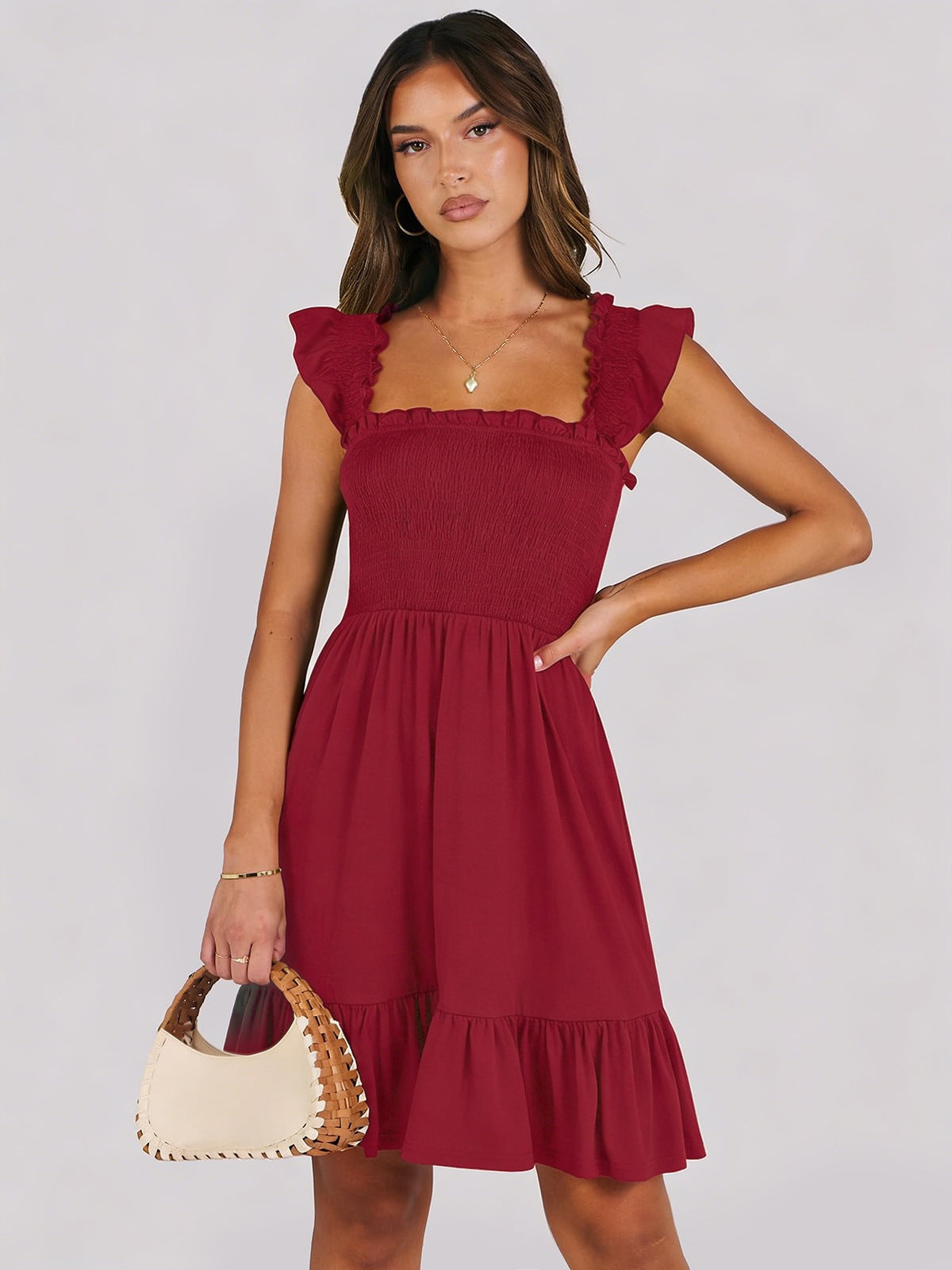 Women’s Smocked Square Neck Ruffle Sleeve Mini Dress Casual Summer Flowy A Line Dress