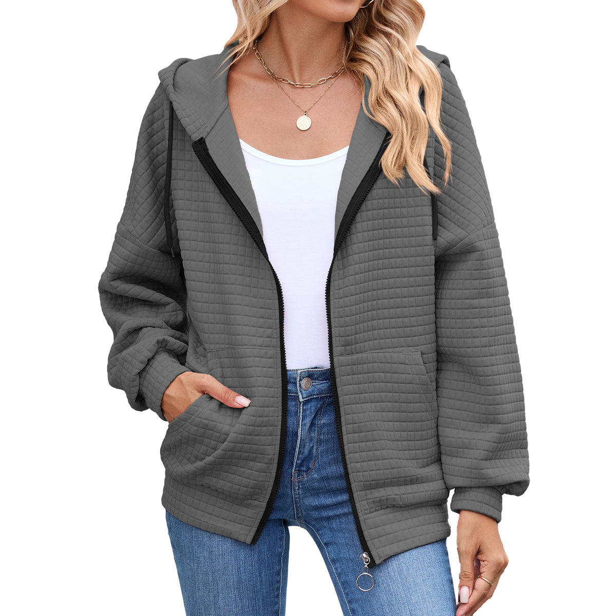 Women's Oversized Quilted Zip-Up Hoodie Jacket Pockets