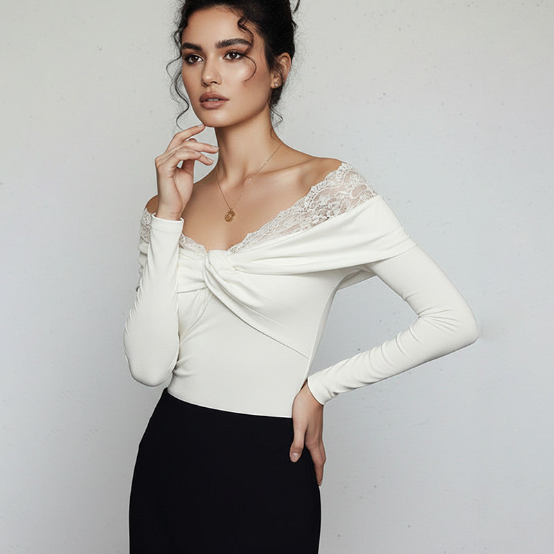 Off Shoulder Lace Trim Long Sleeve White Bodysuit