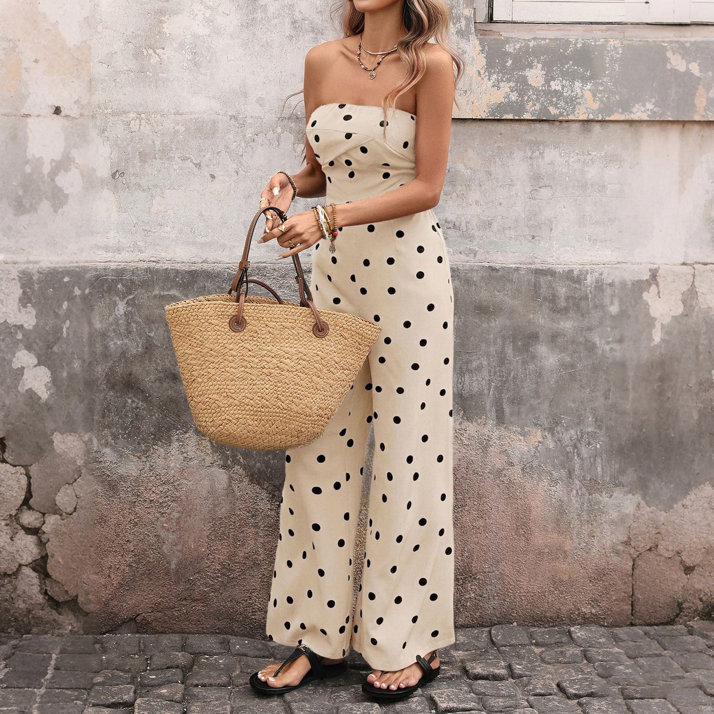Women's Strapless Polka Dot Wide Leg Jumpsuit