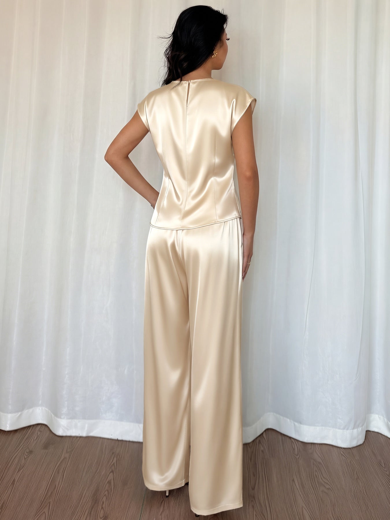 Satin Twist Front Top and Wide Leg Pants Set