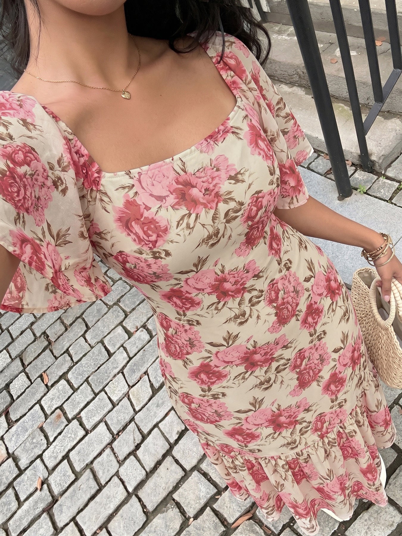 Floral Chiffon Midi Dress Romantic Flutter Sleeve