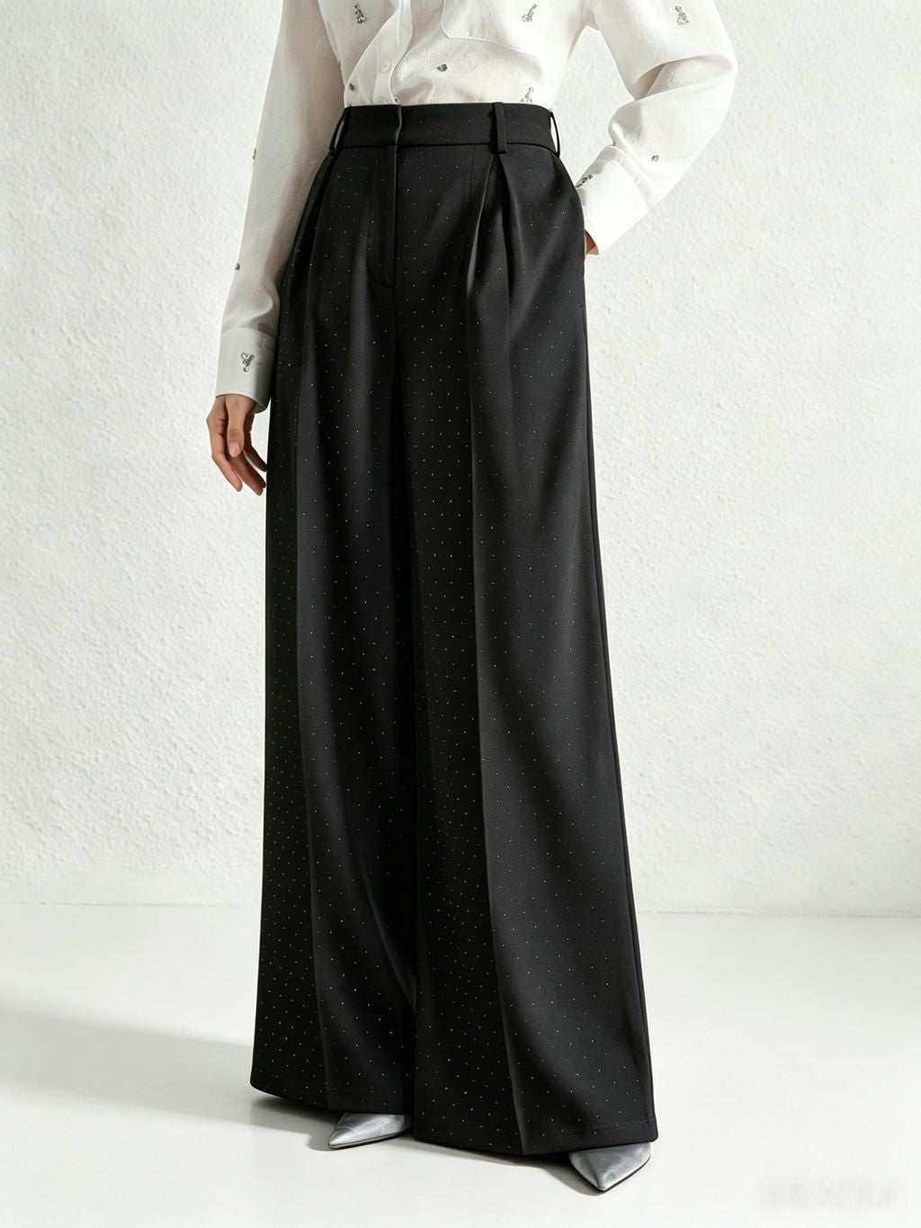 Rhinestone High Waist Pleated Wide Leg Dress Pants