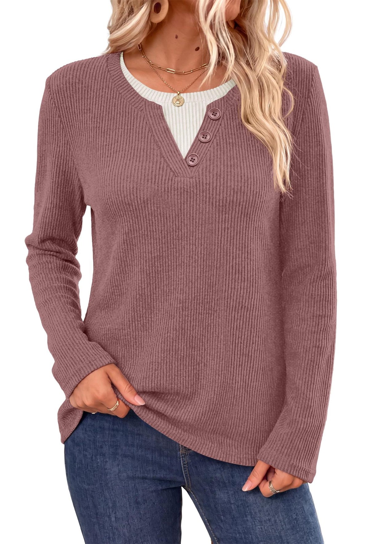 Women's Oversized Ribbed Henley Layered Long Sleeve Top