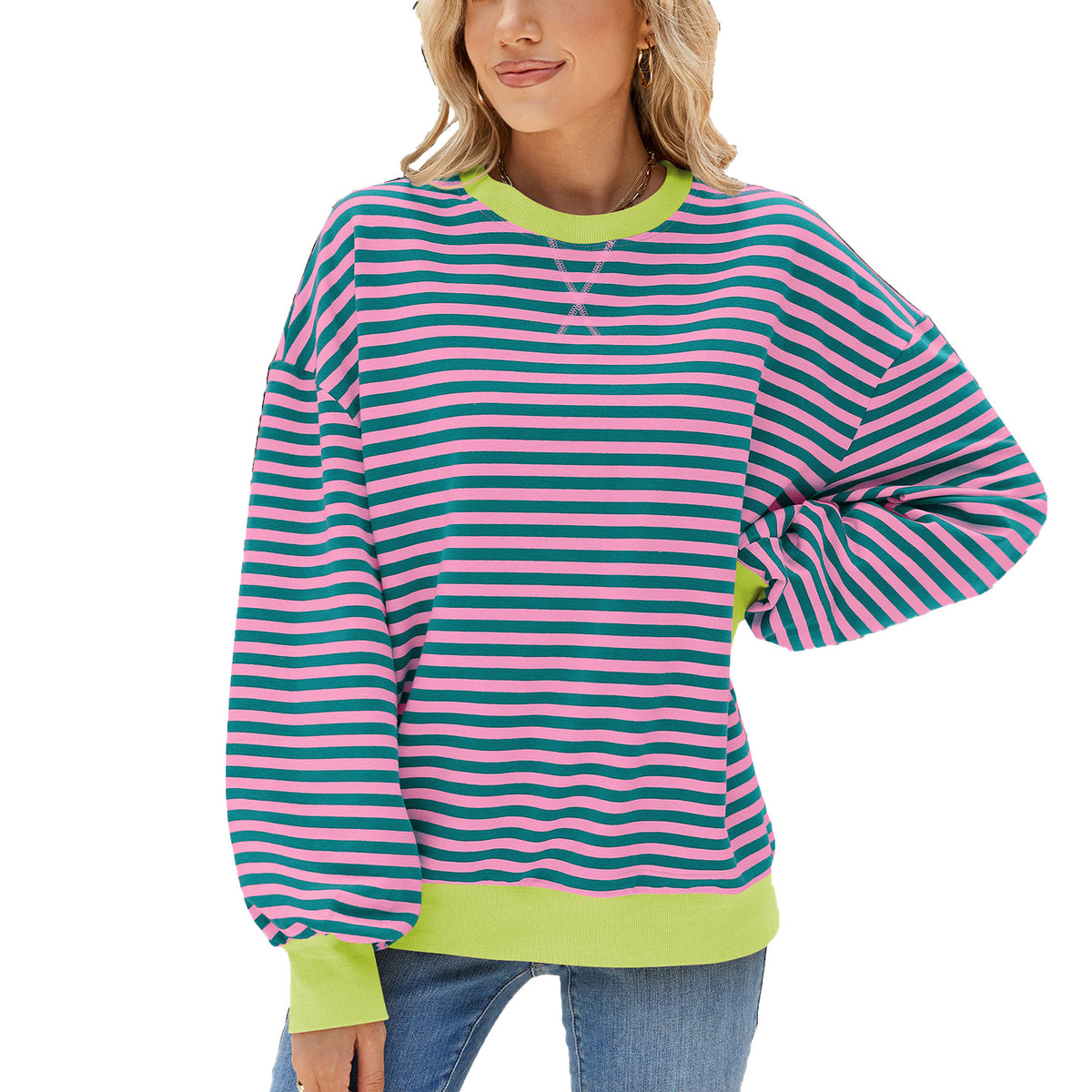 Women's Striped Color Block Oversized Crewneck Sweatshirt