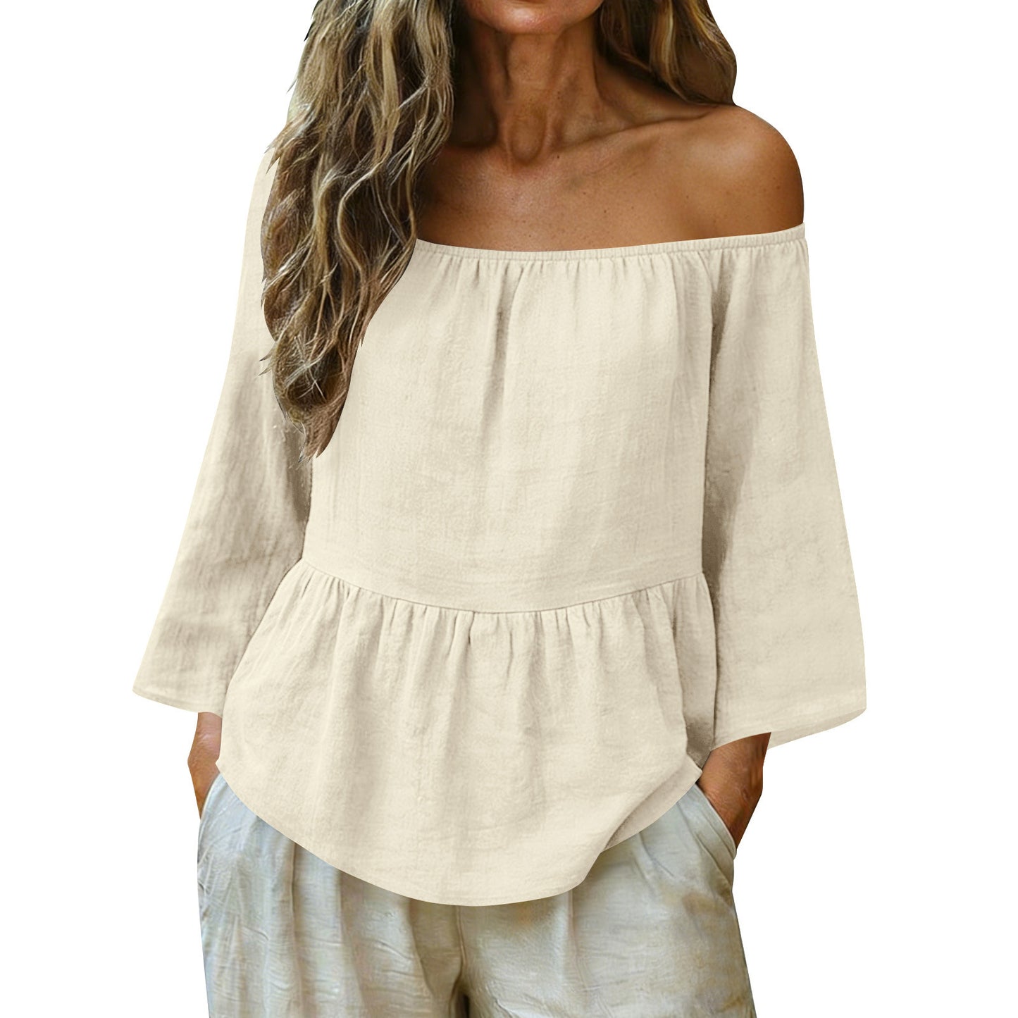Solid Linen Blend Blouse Boho Peplum Long Sleeve Top