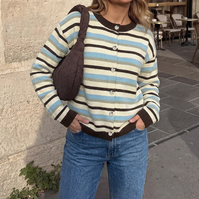 Oversized Striped Crew Neck Button Front Knit Cardigan