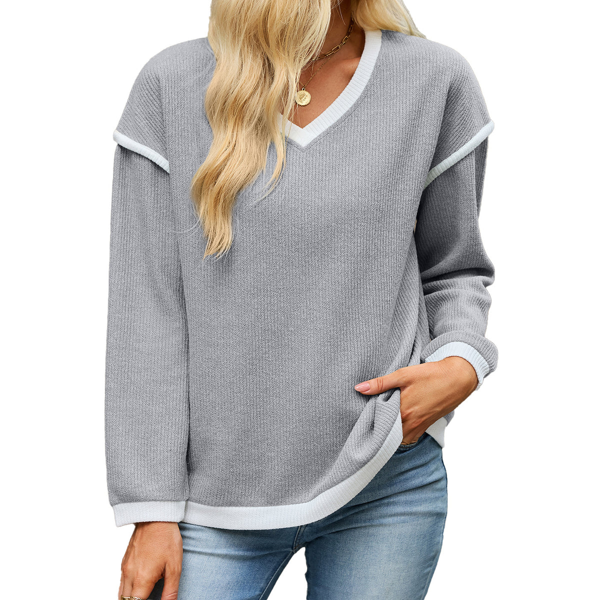 Women's V Neck Contrast Trim Oversized Long Sleeve Sweater